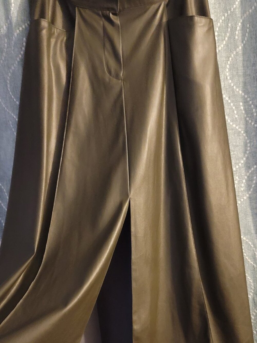 Olive Green Faux Leather Skirt with Pockets